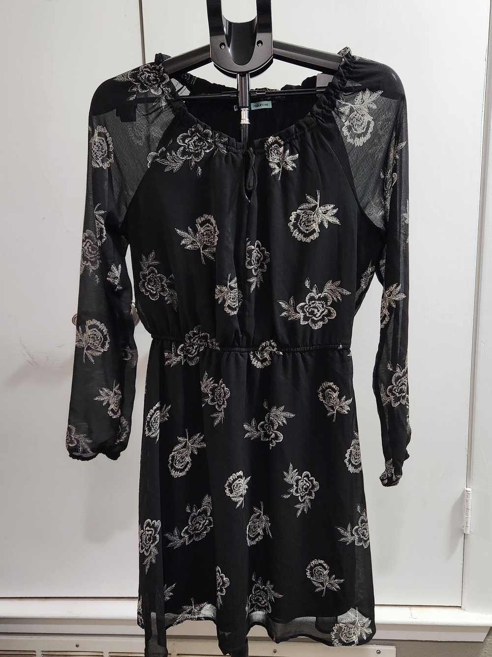 Maurices Black Floral Sheer Long-Sleeve Dress with Cream Embroidery
